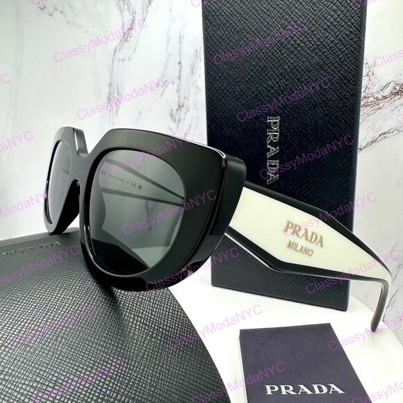 New PRADA Sunglasses Black White Talc Gold Symbole Oval Cat Eye Womens main image 11